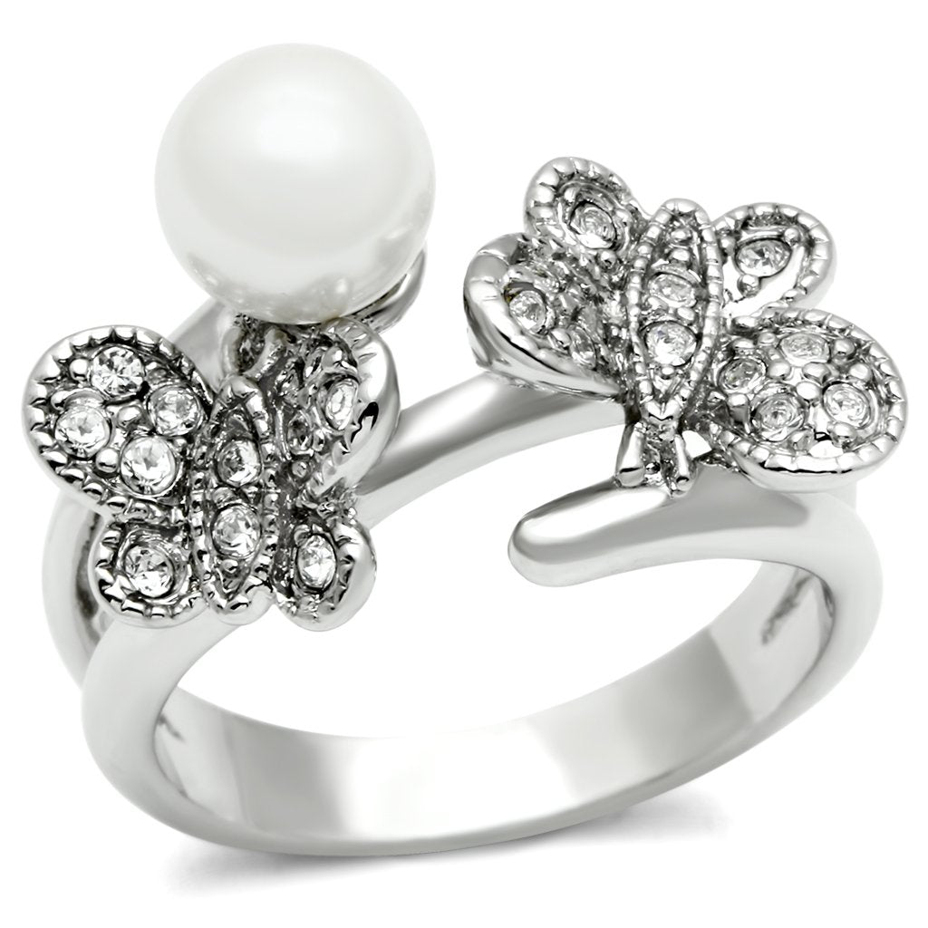 JCE223 Rhodium Brass Ring with Synthetic Pearl in White