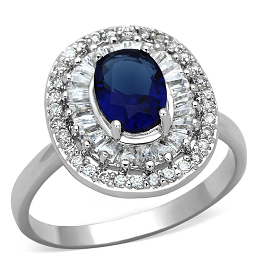 JCE495 Rhodium Brass Ring with Synthetic Synthetic Glass in Sapphire