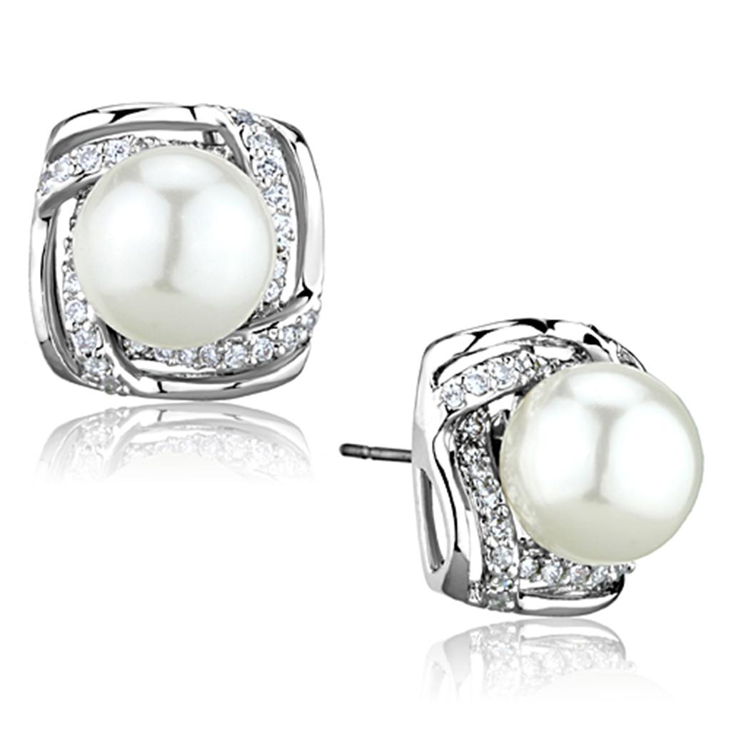 JCE678 Rhodium Brass Earrings with Synthetic Pearl in White