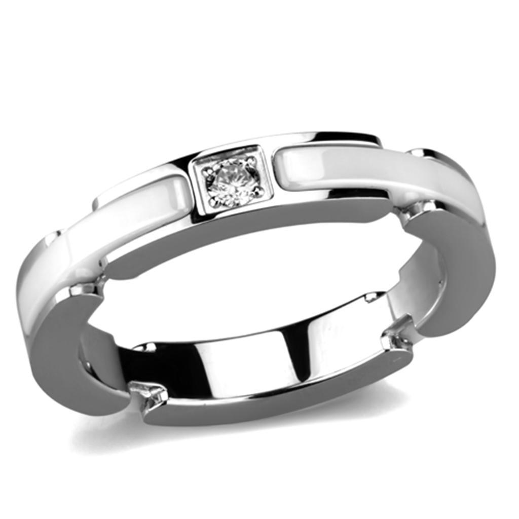 JCE963 High polished (no plating) Stainless Steel Ring with Ceramic  in White