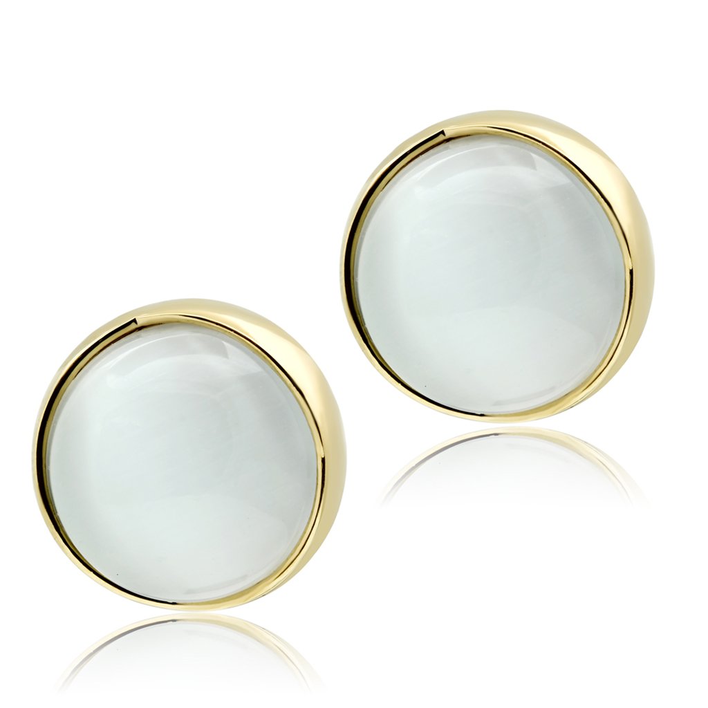 JCE253 IP Gold(Ion Plating) Brass Earrings with Synthetic Cat Eye in White