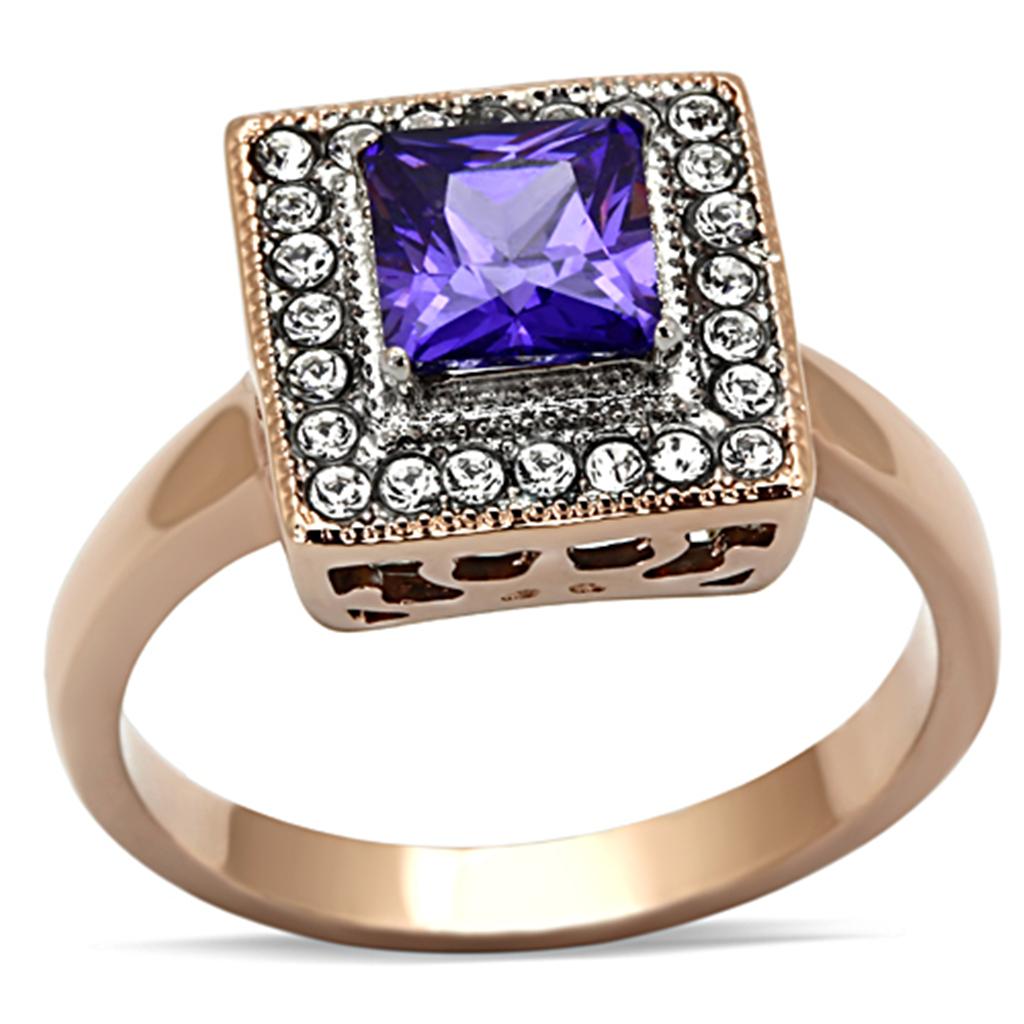 JCE1162 Two-Tone IP Rose Gold Stainless Steel Ring with AAA Grade CZ  in Tanzanite