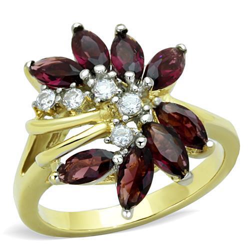 JCE1565 Two-Tone IP Gold (Ion Plating) Stainless Steel Ring with Synthetic Synthetic Glass in Amethyst