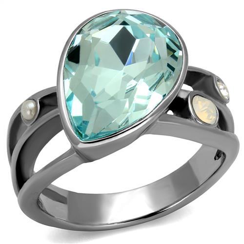 JCE2502 High polished (no plating) Stainless Steel Ring with Top Grade Crystal  in Sea Blue